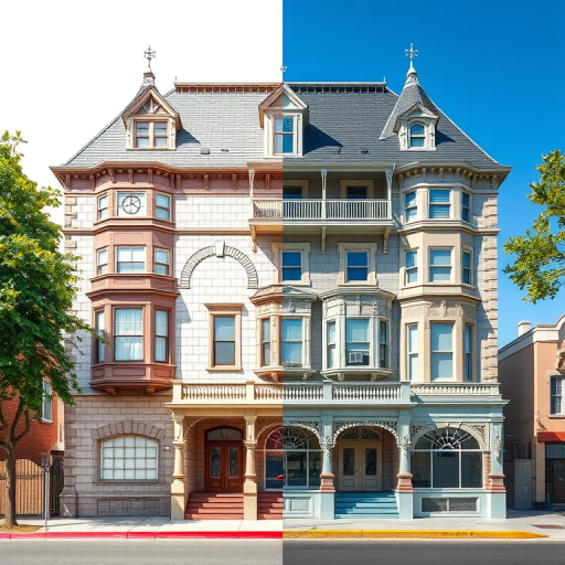 Regenerate an architectural illustration showing a two-sided comparison of a detailed blueprint and a realistic rendering of a Victorian-style building, captured with a Canon EOS R5, 24mm lens, f/8 aperture, ISO 100, in a sunny daytime setting with vibrant colors and clear shadows.