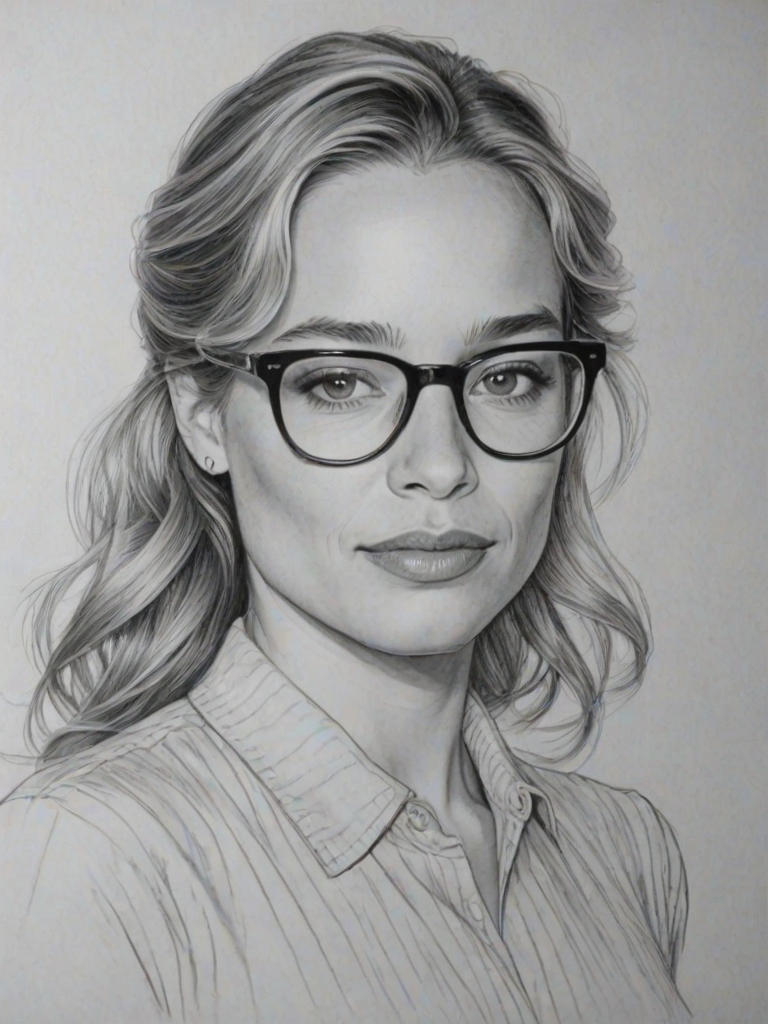 Lovely Piper Perabo, pencil sketch, portrait of Pleasing woman 1950s in glasses, hair style beatnik, outline, clear lines, fine lines, 8k