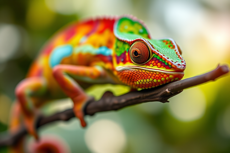 High-resolution close-up of a vibrant chameleon resting on a branch, using a Canon EOS R5 with a 100mm f/2.8 macro lens, aperture at f/4, ISO 200, natural soft lighting, shallow depth of field for a blurred background effect.