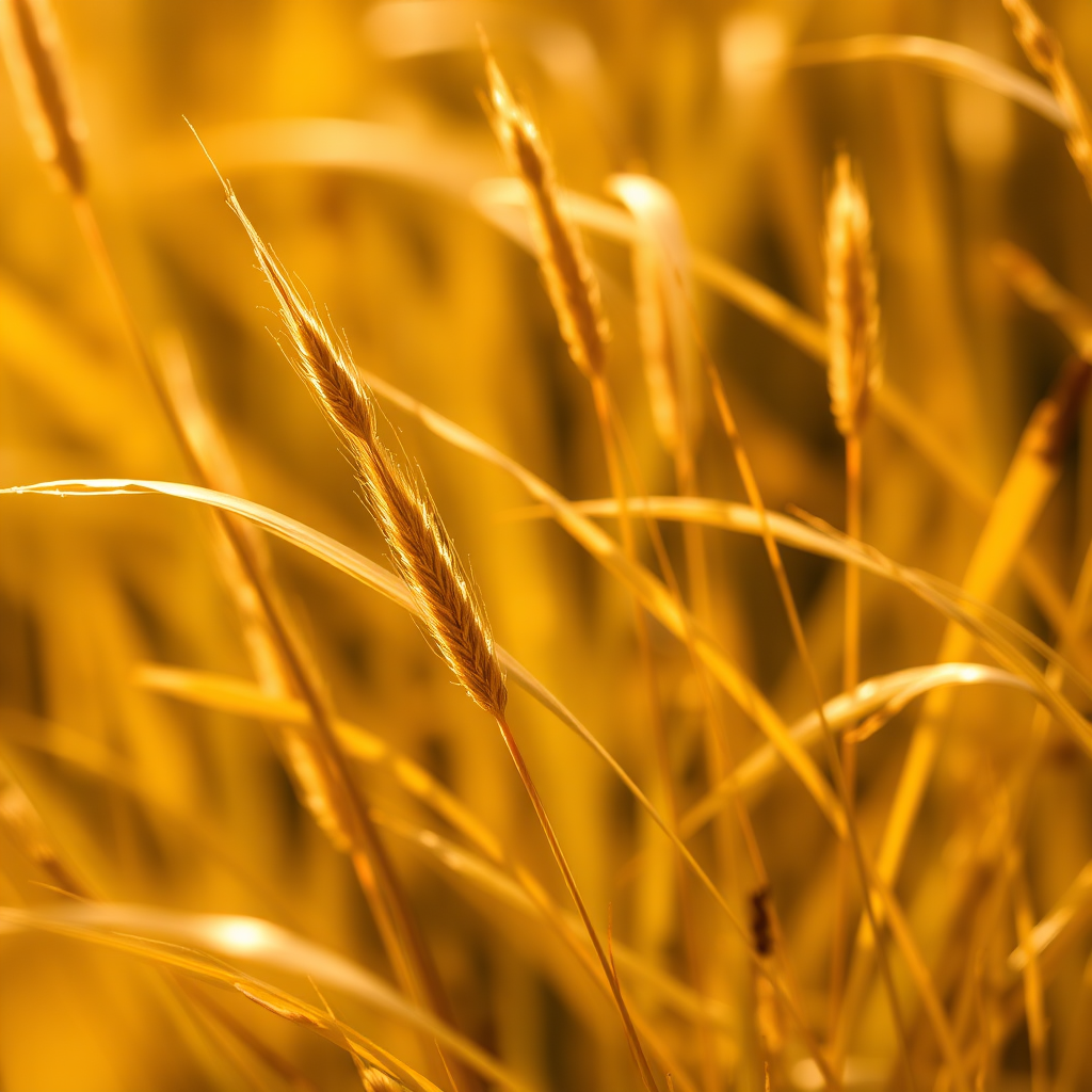 A close-up of golden grass blades swaying gently in the sunlight, captured with a DSLR camera at f/2.8, ISO 100, shutter speed 1/200s, 50mm lens, shallow depth of field for a soft bokeh effect, emphasizing the rich textures and warm golden hues.