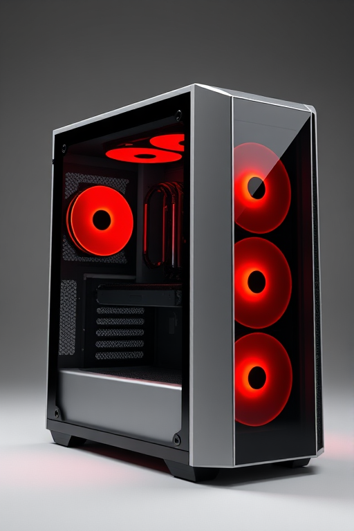 Generate a high-quality render of a computer case with a sleek design, using a Canon EOS R5 camera at f/8 aperture, ISO 100, 24mm focal length, from a slightly elevated angle to showcase depth and dimensions, in a studio setting with softbox lighting for even illumination.