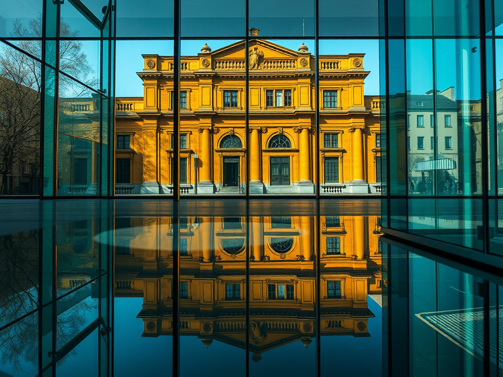Capture a vibrant reflection of a historic building in modern glass architecture, using a Canon EOS R5 with a 50mm lens, f/2.8 aperture, 1/200 sec shutter speed, and ISO 100, in a bright afternoon setting with a focus on detail and color contrast.