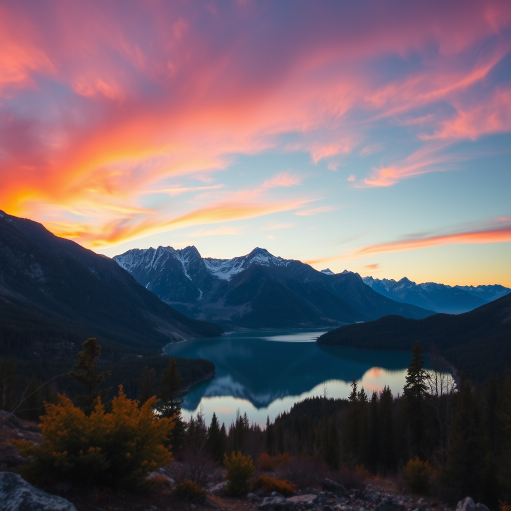 Generate a high-resolution image of a serene landscape featuring mountains and a lake at sunrise with vibrant colors, shot with a DSLR camera, 24mm focal length, f/8 aperture, ISO 100, using a wide-angle lens for depth and clarity.