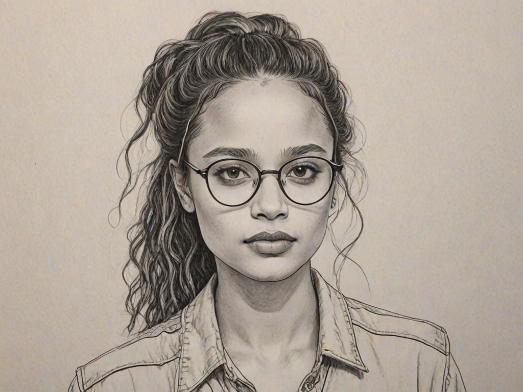 Splendid Sasha Lane, pencil sketch, portrait of Gorgeous woman 1980s in glasses, hair style beatnik, outline, clear lines, fine lines, 8k