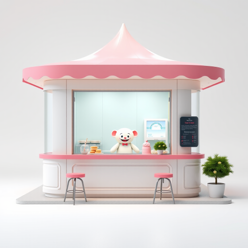 Create a high-quality 3D rendering of a minimalist ice cream kiosk with a cheerful character inside, using a 50mm lens, f/8 aperture, ISO 100, shot from a front three-quarter view, in soft studio lighting with a professional DSLR camera.