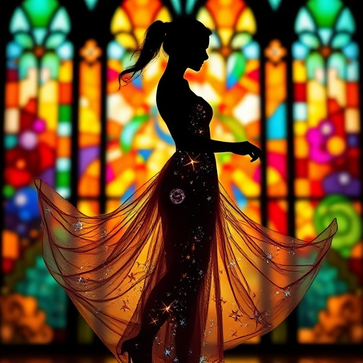 Create an ethereal silhouette of a woman with a flowing dress made of cosmic elements like stars and galaxies, set against a vibrant stained glass backdrop, captured with a DSLR camera at f/1.8 aperture, ISO 100, 50mm lens, in soft focus for a dreamy effect.