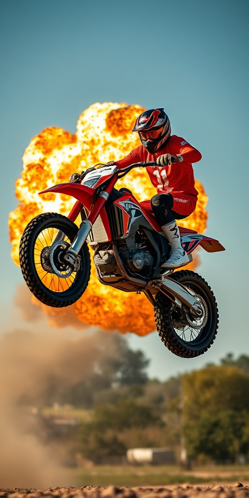 motorcycle stunt in mid-air with explosion, high dynamic range, ISO 100, f/4.0, 1/1000s, 35mm lens, shot from a low angle, high-speed photography, vivid colors