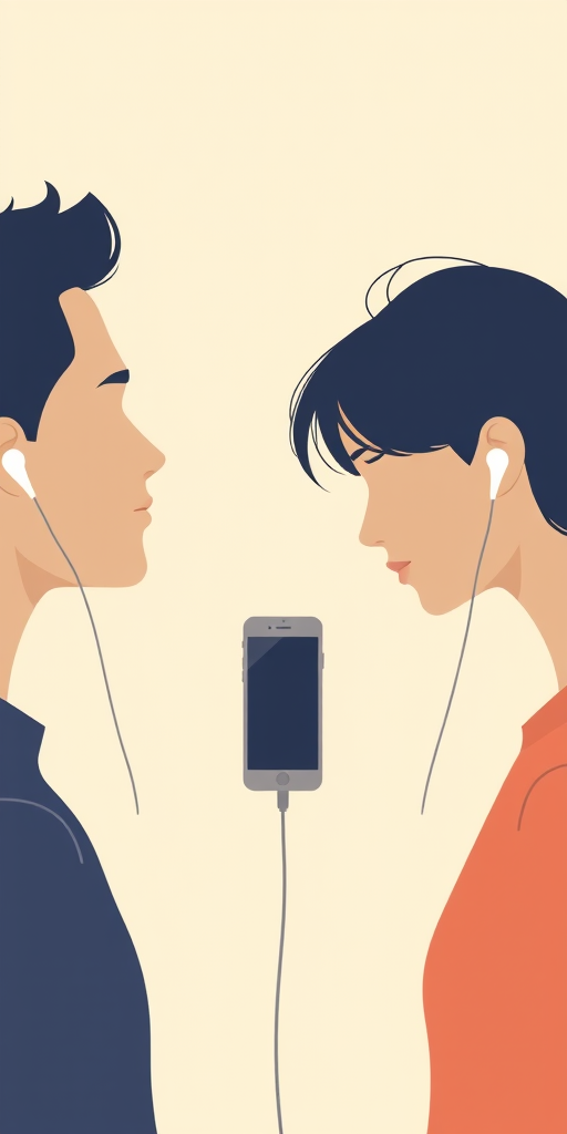 Create a minimalistic digital illustration of two people with earbuds connected by a phone in the middle, soft lighting, high contrast, camera settings f/8, ISO 100, shutter speed 1/60, portrait view, DSLR camera, natural color tones.