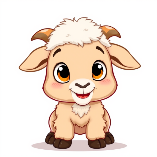 Create a cute cartoon illustration of a baby goat with big eyes and fluffy fur, using a Canon DSLR camera with a 50mm lens, f/2.8 aperture, 1/200 shutter speed, and natural soft lighting for enhanced image quality, in a clean white background to highlight the character.