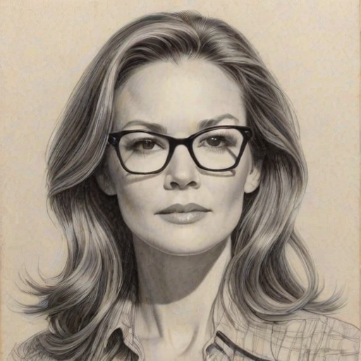 Pleasing Diane Lane, pencil sketch, portrait of Lovely woman 1973s in glasses, hair style beatnik, outline, clear lines, fine lines, 8k