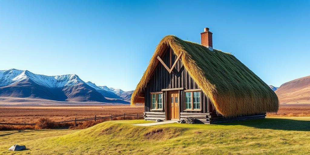 landscape of a traditional grass-roofed house in Iceland with mountains in the background, sunny day, high-resolution image, Canon EOS 5D Mark IV, aperture f/8, shutter speed 1/200s, ISO 100, 24mm focal length, shallow depth of field, vibrant colors, clear blue sky