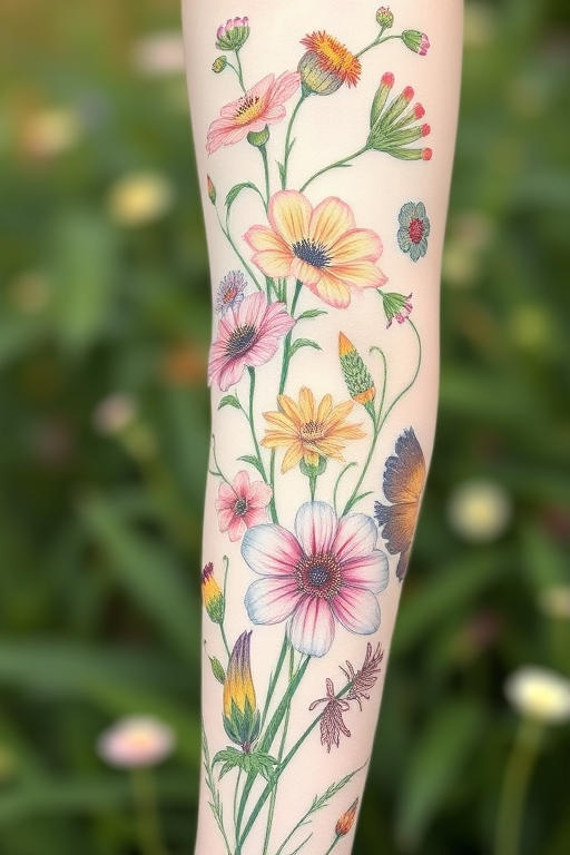 Botanical sleeve featuring native wildflowers, scientifically accurate renderings in soft pastel colors, delicate shading and fine line work