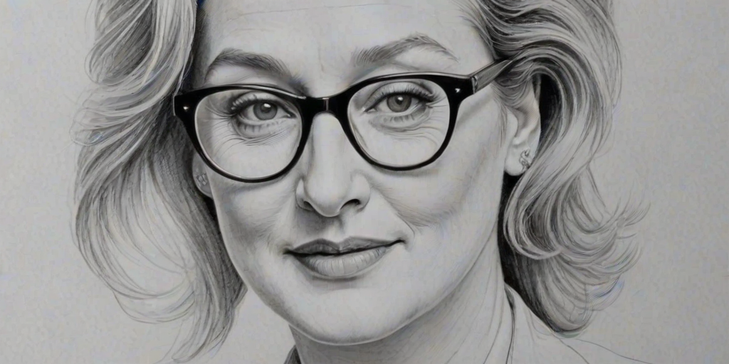 Gorgeous Meryl Streep, pencil sketch, portrait of Captivating woman 1953s in glasses, hair style beatnik, outline, clear lines, fine lines, 8k