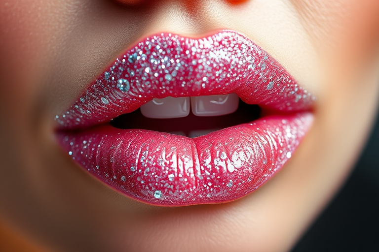 Dazzling "Diamond Dust" lips sparkling with finely milled glitter in a clear gloss base, catching and reflecting light for maximum brilliance