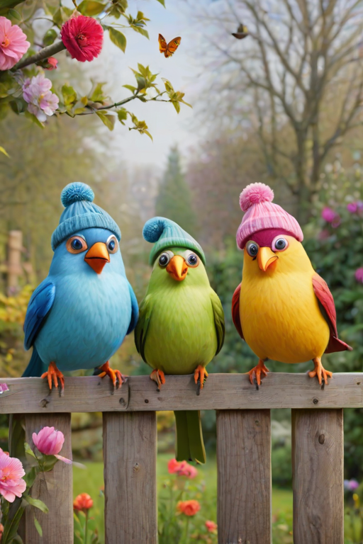 create a scene of 4 quirky  whimsical colourful comical birds each with a funny expression. they are sat on a wooden fence with colourful flowers. they are all different sizes. each one is a different colour  one is wearing a woolly hat. Each one has a different quirky google expression and there is a muted background of trees watercolour paintierly style high definition 8k resolution 3D paper mache