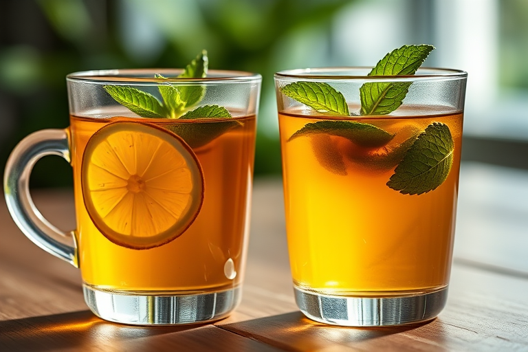 Create an image of two glass cups of tea side by side, one with a lemon slice and mint leaves, the other with a larger lemon slice and additional mint, captured in high-resolution, with a shallow depth of field to softly blur the background, using a Canon EOS R5 camera, 50mm lens, f/1.8 aperture, ISO 200, and natural daylight to enhance colors.