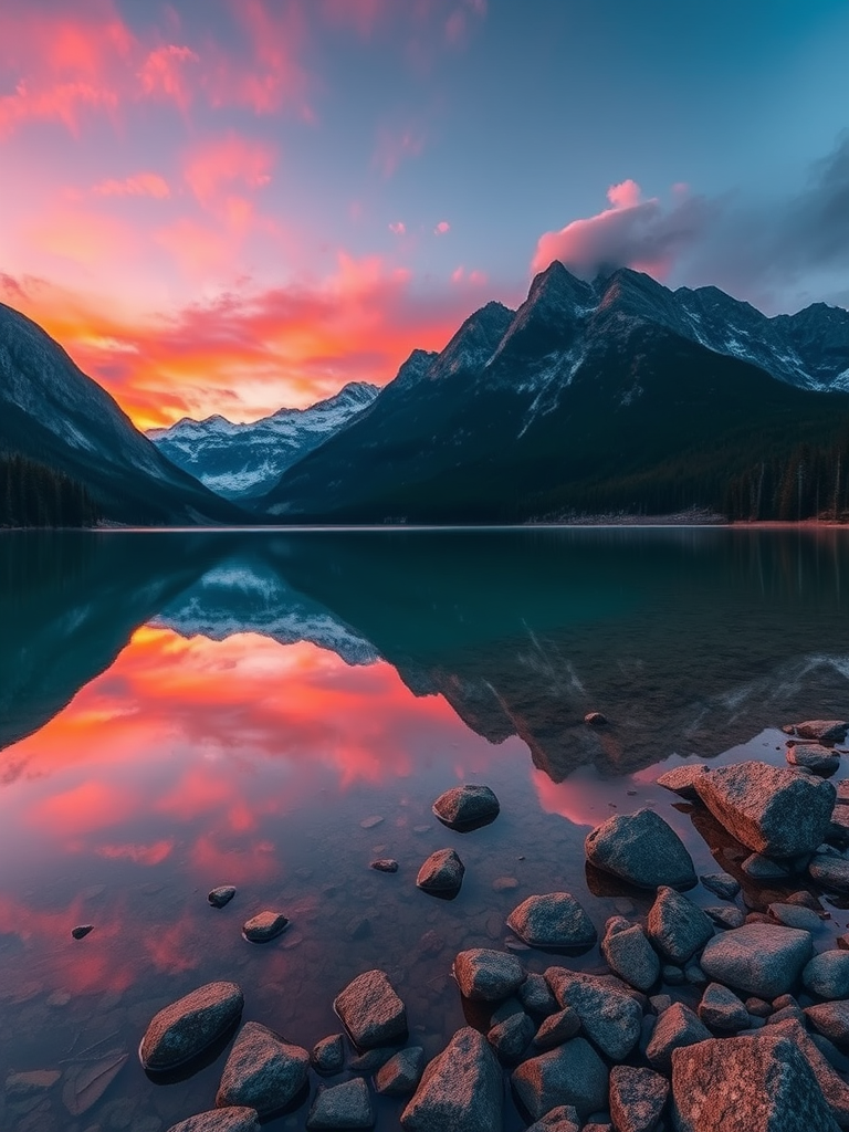 Create a high-resolution digital artwork of a serene landscape featuring a tranquil lake reflecting the surrounding mountains at sunset with vibrant colors, using a DSLR camera at f/11 aperture, ISO 100, and a focal length of 24mm in a wide-angle view.
