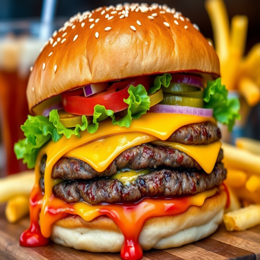 High-resolution, close-up image of a gourmet double cheeseburger. The burger features a glossy, sesame-seed-topped brioche bun. Inside, there are two thick, juicy beef patties, each topped with melted cheddar cheese. The burger is garnished with fresh lettuce, tomato slices, diced onions, and pickles. A generous amount of ketchup and a creamy, orange-colored sauce is dripping down the sides, adding to the mouth-watering appeal. In the background, there are blurred elements including a side of golden French fries and a hint of a beverage, enhancing the overall presentation of a delicious meal.