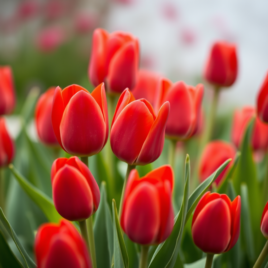 red tulips in full bloom surrounded by green leaves, soft focus background, shot with a Canon EOS 5D Mark IV, 50mm lens, aperture f/1.8, ISO 100, natural light, macro photography.