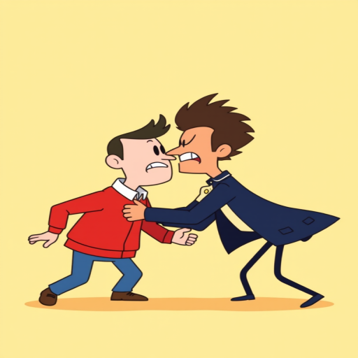 Generate an illustration of a cartoonish confrontation between two stylized characters, with one character lifting another by the collar, in a minimalistic and vibrant style, using a soft yellow gradient background, captured in a high-resolution vector format with a 50mm lens, f/2.8 aperture, and at a medium depth of field.