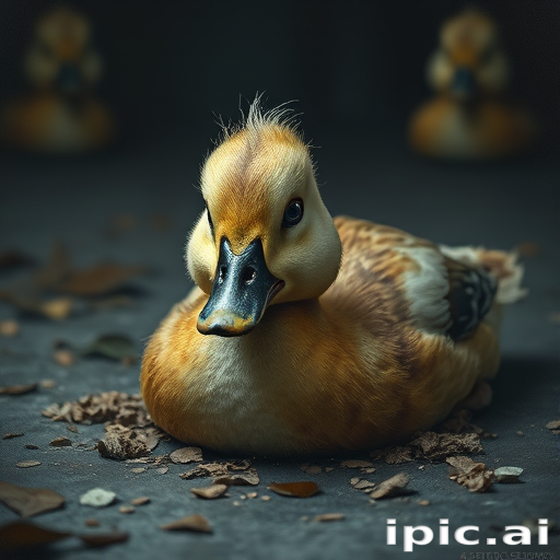 Stunning image of a cute adorable tired looking wacky duck laying flat on the ground, no emotions, moody, grainy, noisy, concept art, by Alberto Seveso, Cyril Rolando, Dan Mumford, Meaningful Visual Art, Detailed Painting, Digital Illustration,
