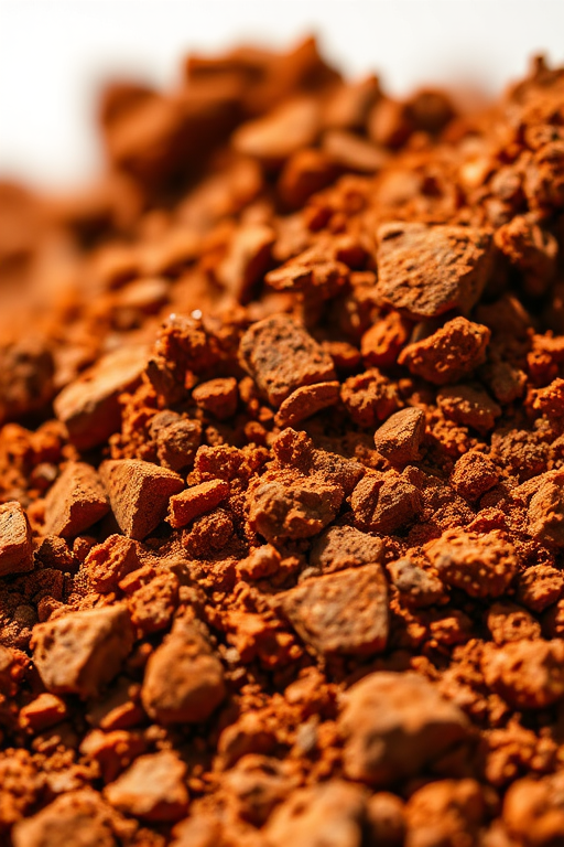 Create a realistic illustration of a pile of reddish-brown soil with varying textures and shades, taken with a Canon EOS R5 at f/4, ISO 100, 50mm lens, in bright daylight, focusing on macro details to enhance visual quality.
