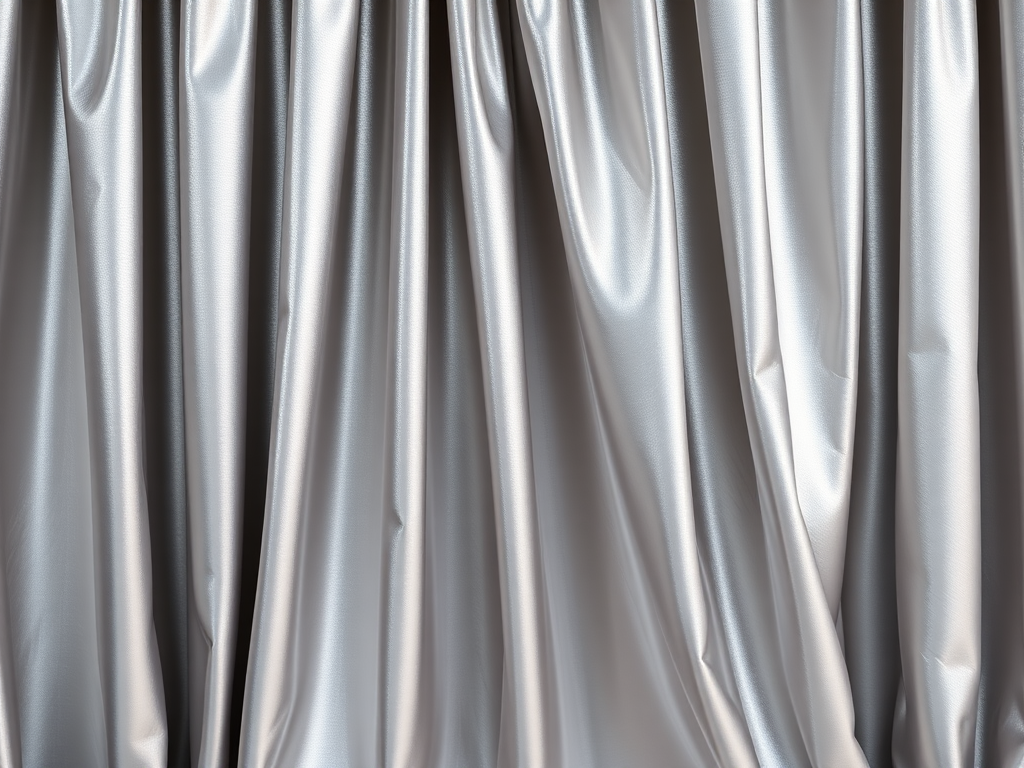 Create a highly detailed, high-resolution image of a silver draped curtain with a rich texture, captured with a DSLR camera using a 50mm lens at f/1.8, ISO 100, shutter speed 1/200s, in natural lighting from the front view, focusing on the intricate folds and sheen of the fabric.