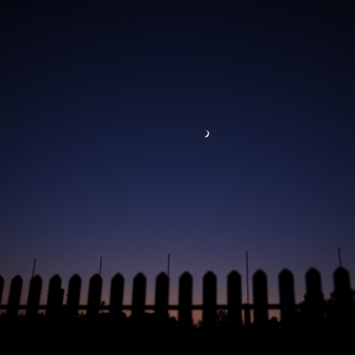 night sky with crescent moon and faint star above a silhouette of a fence, shallow depth of field, 50mm lens, f/1.8 aperture, ISO 200, 1/60 sec exposure, soft lighting, twilight setting