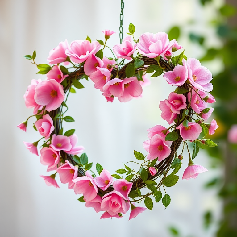 Create a high-resolution image of a heart-shaped floral wreath made of pink blooms and green vines, captured with a DSLR camera at f/2.8 aperture, ISO 200, 50mm lens, in natural light, with a soft focus background.