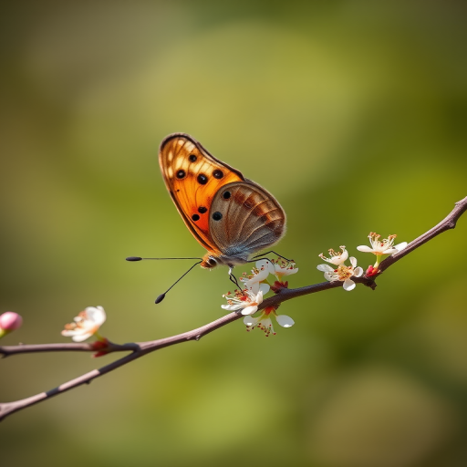 close-up photo of a butterfly perched on a twig with blossoms, natural light, Canon EOS 5D Mark IV, 100mm f/2.8 macro lens, f/2.8 aperture, ISO 200, 1/250 sec shutter speed, soft focus background for a bokeh effect