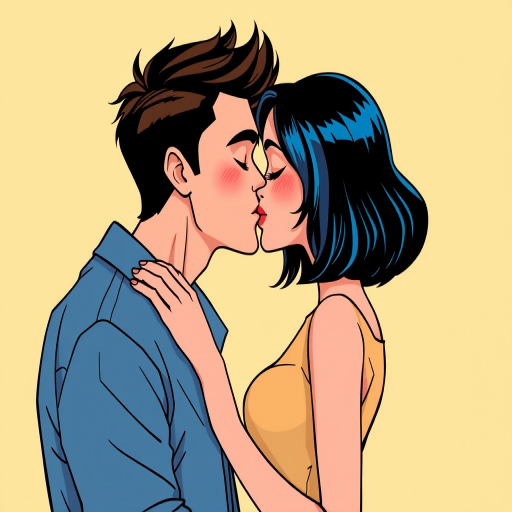 Create a high-resolution digital illustration of a romantic kiss between two stylized characters in a pop art style with vibrant colors and bold outlines, using a Canon EOS R5, 50mm lens, f/1.8 aperture, ISO 100, natural lighting, and a shallow depth of field to enhance the image quality and focus on their expressions.