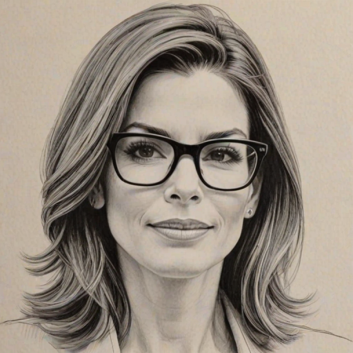 Graceful Sandra Bullock, pencil sketch, portrait of Pleasing woman 1952s in glasses, hair style beatnik, outline, clear lines, fine lines, 8k