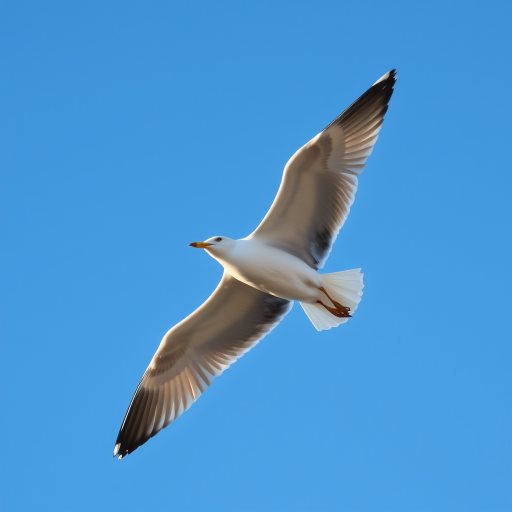 Capture a high-resolution image of a seagull in flight against a clear blue sky, with a canon EOS 5D Mark IV camera using a 200mm lens, aperture set to f/8, shutter speed 1/1000s, ISO 400, and with a slight upward angle to emphasize the bird's wing span.