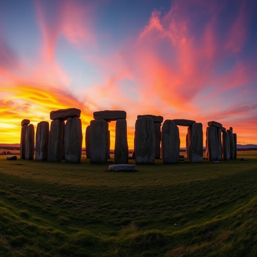 Generate an image of Stonehenge during sunset with a panoramic view, using a DSLR camera at f/8 aperture, 1/60 shutter speed, ISO 200, and a wide-angle lens to capture expansive detail and vibrant colors in the sky.