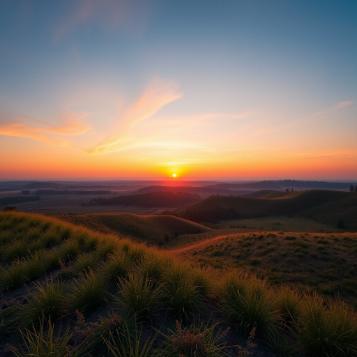 Create a high-resolution image of a serene landscape at sunset, using a Canon EOS R5 with a 24-70mm f/2.8 lens, set to ISO 100, aperture f/8, shutter speed 1/125 sec, capturing a wide-angle view with vibrant colors and soft lighting for a cinematic effect.
