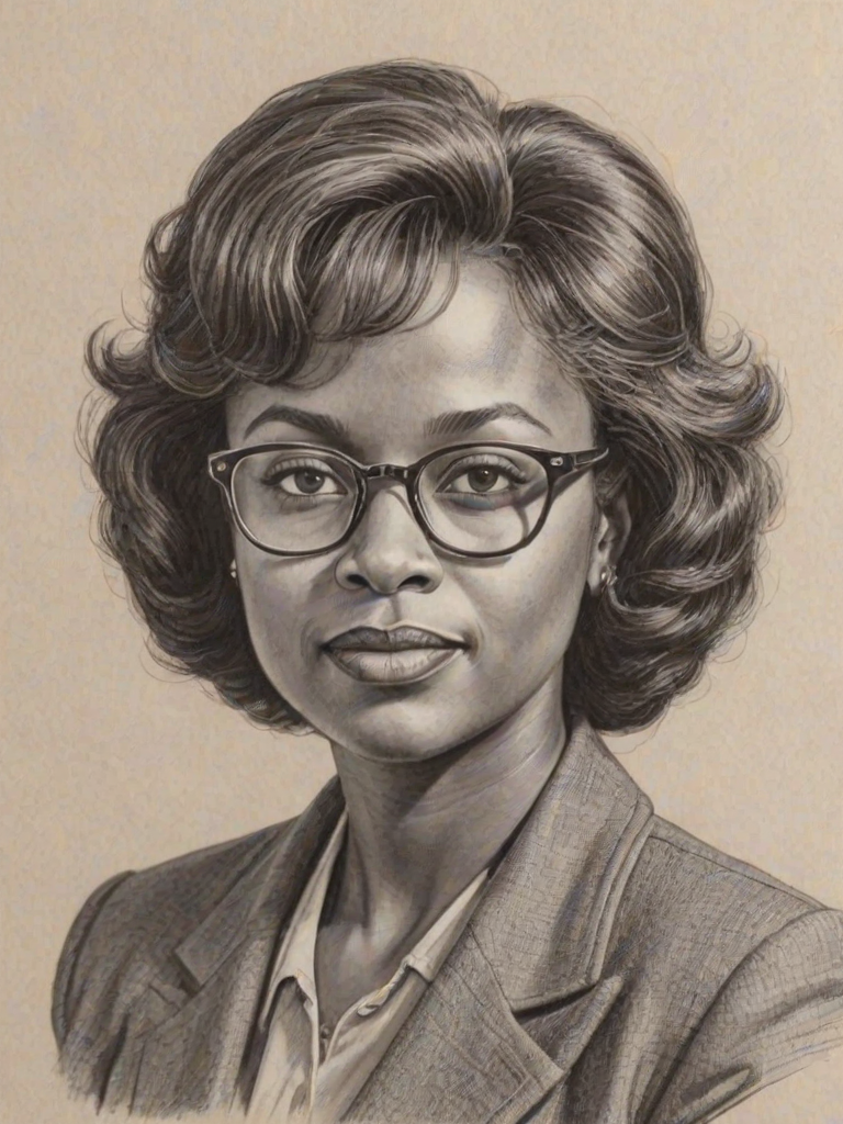 Resplendent Anita Hill, pencil sketch, portrait of Wonderful woman 1949s in glasses, hair style beatnik, outline, clear lines, fine lines, 8k