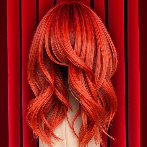 Fiery red velvet curtain bangs framing a long layered cut with subtle copper highlights, creating dimension and movement reminiscent of flickering flames