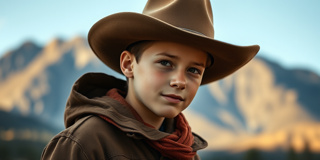 portrait of a young cowboy in a brown jacket and hat against a mountain backdrop, 50mm lens, f/1.8 aperture, ISO 100, soft natural lighting, high resolution, digital painting style, Canon EOS R5