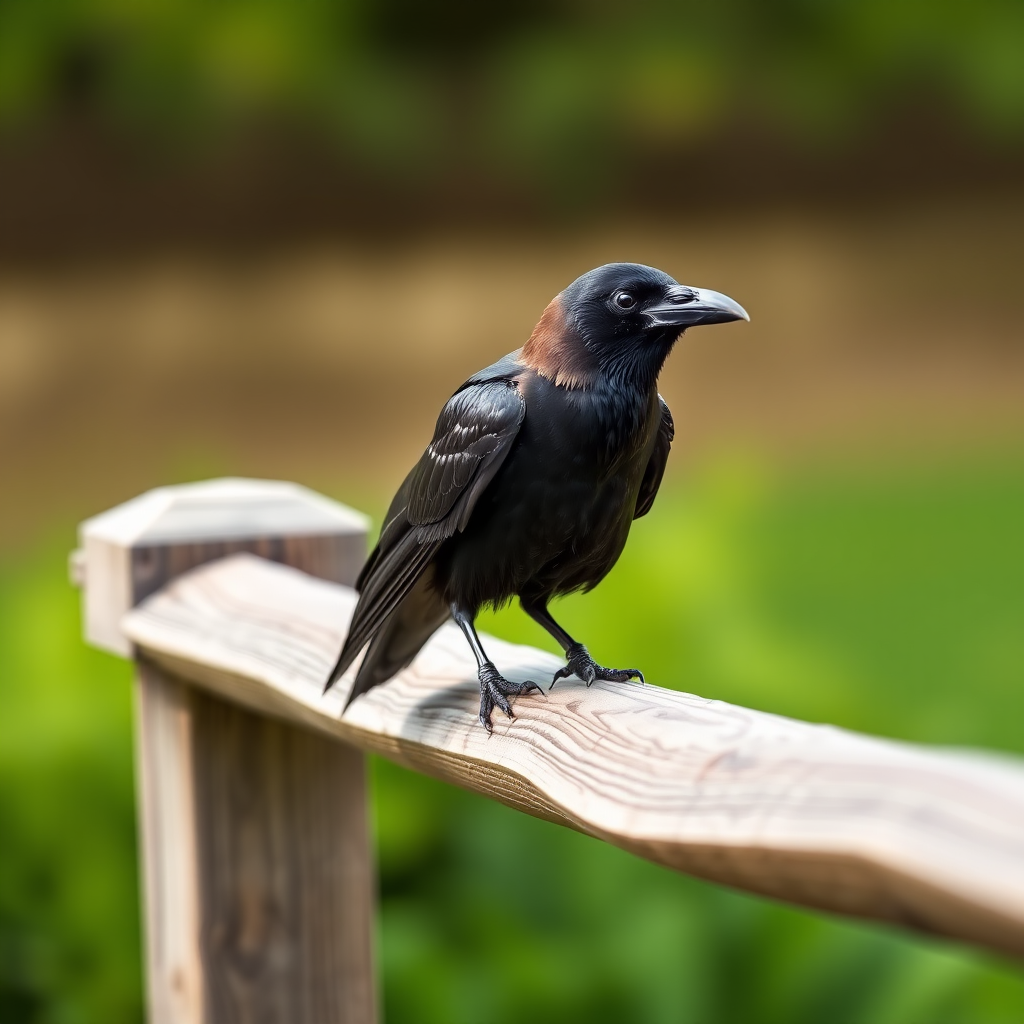 A close-up shot of a raven perched on a wooden railing, with a blurred green background, taken with a Canon EOS 90D, 100mm lens, f/2.8 aperture, ISO 200, natural lighting, shallow depth of field.