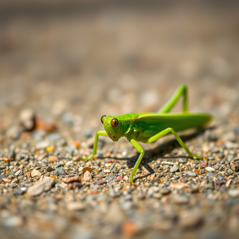 close-up of a green grasshopper on textured pavement with shallow depth of field, 50mm lens, f/2.8 aperture, ISO 200, natural light, macro photography, DSLR camera