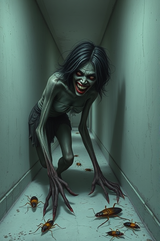 a crooked female with long arms and a creepy smile is crawling along a long white corridor and you can also see cockroaches in it there is a creepy atmosphere creepy art style