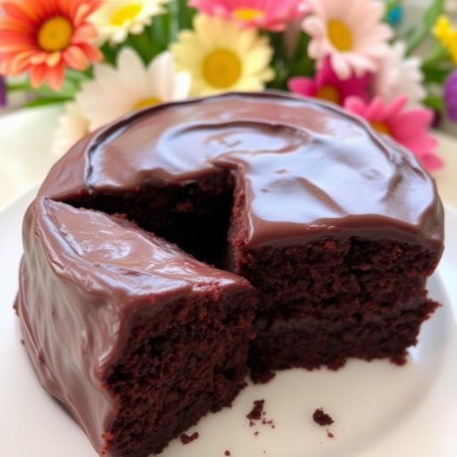 A rich and moist chocolate cake with a glossy dark chocolate frosting, a slice cut to reveal its soft texture, displayed on a white plate with colorful flowers in the background.