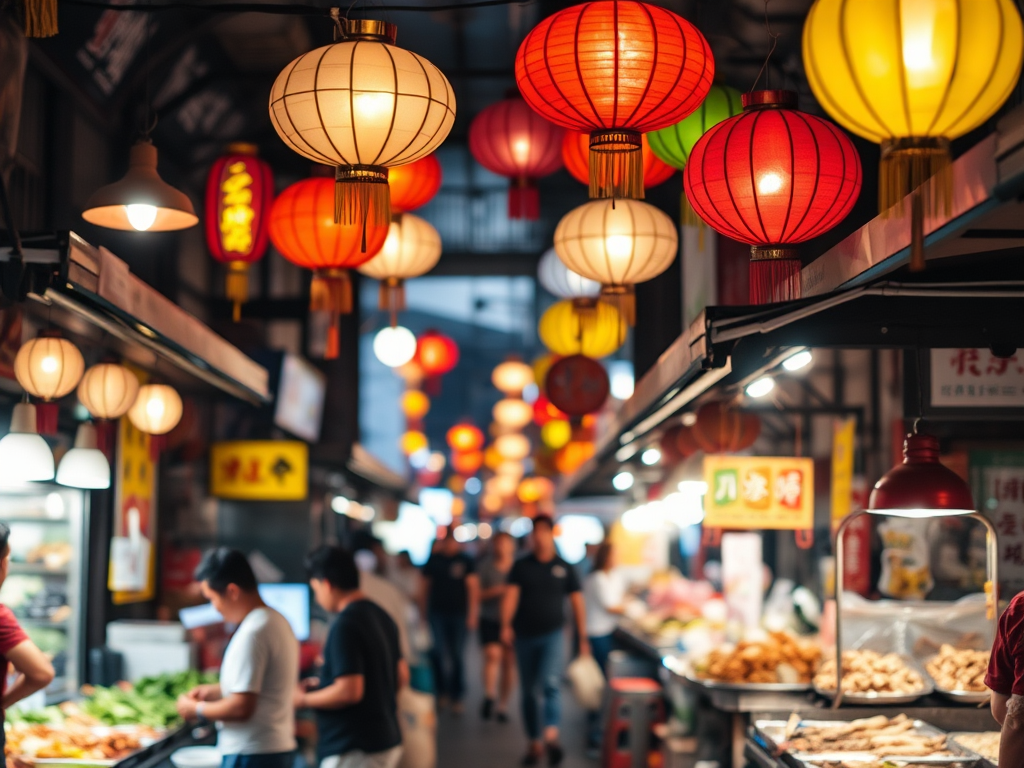 Soft-focus image of a bustling street market in Asia, colorful lanterns hanging above stalls selling street food, soft light from vendors illuminating the scene.