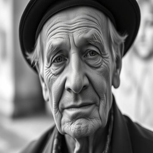 Portrait of an elderly man wearing a dark hat, captured in black and white, shallow depth of field, 50mm lens, f/1.8 aperture, ISO 200, natural lighting, soft focus background.