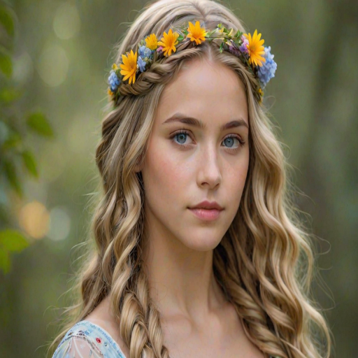 Create an image of a young Mestizo woman with long, wavy blonde hair, adorned with small, colorful flowers woven into her braids and loose strands. Her complexion is fair, with soft, glowing skin, and she has light blue eyes that gaze softly at the viewer. She wears a light, flowing dress with a gentle, ethereal quality, complementing her delicate and serene appearance. The background is slightly blurred, drawing focus to her tranquil expression and the intricate details of the flowers in her hair. The overall mood of the image is one of natural beauty and grace, evoking a sense of peacefulness and connection with nature.