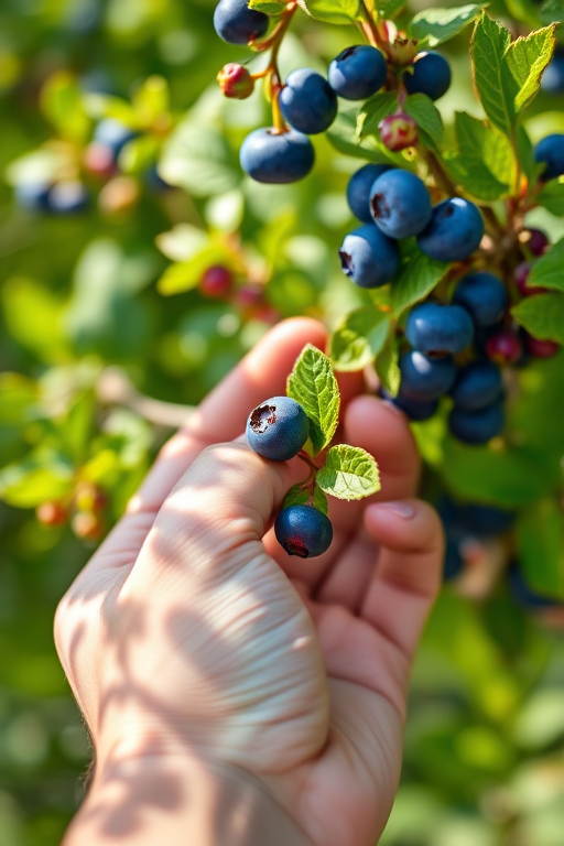 close-up of a hand picking a blueberry from a bush, soft natural light, shallow depth of field, f/2.8 aperture, ISO 100, 50mm lens, DSLR camera, vibrant colors, focusing on the hand and blueberry while blurring the background