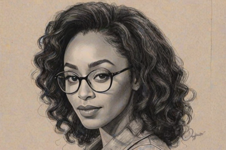 Ravishing Simone Missick, pencil sketch, portrait of Pleasing woman 1969s in glasses, hair style beatnik, outline, clear lines, fine lines, 8k
