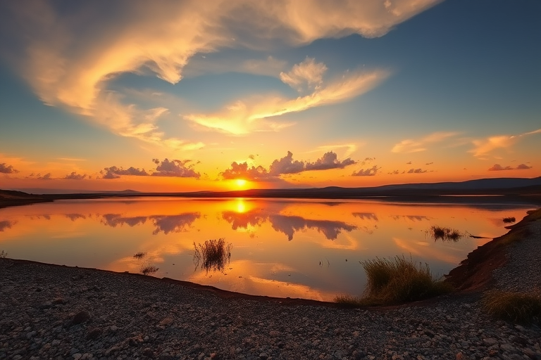Landscape photography of a peaceful lake at sunset, with clear reflections of clouds in the water, surrounded by gravel banks and sparse vegetation, captured with a Canon EOS R5, 24mm lens, aperture f/8, shutter speed 1/200 sec, ISO 100, golden hour lighting for enhanced colors and depth.