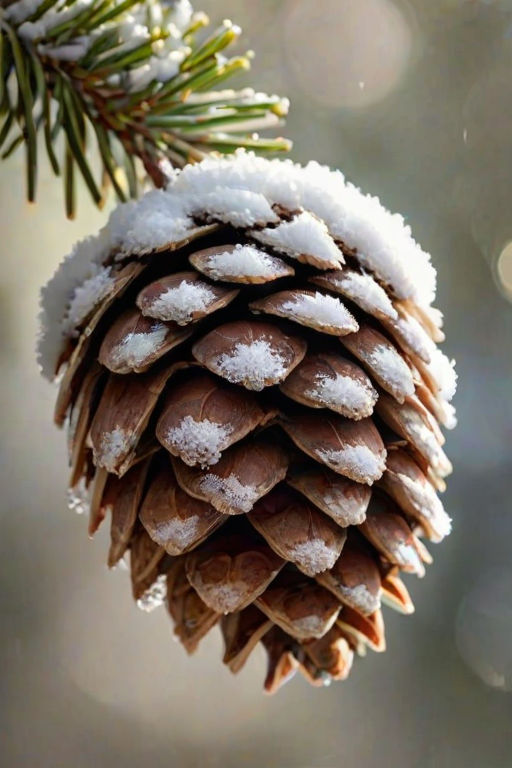 Sharp, high-resolution close-up of a snow-covered pinecone resting on a branch, soft sunlight filtering through the trees, tiny snowflakes sparkling in the light, and the crisp, cold air of winter.