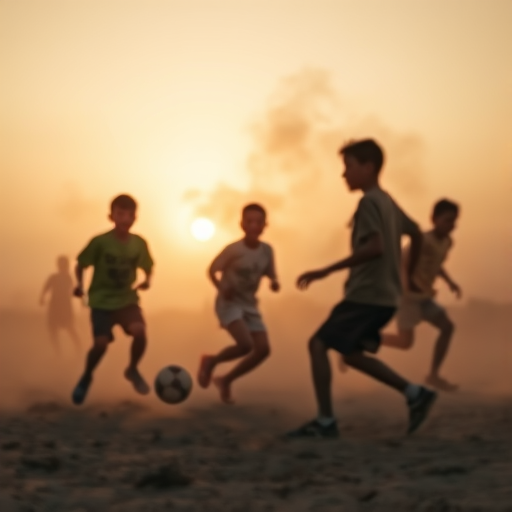 Blurry action shot of a group of children playing soccer in a dusty field at sunset, their silhouettes barely visible against the soft golden light and dust clouds rising into the air.
